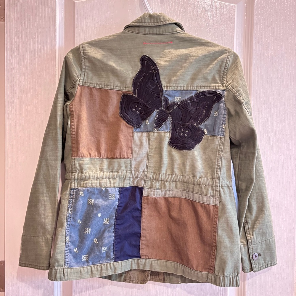 Anthropologie Hei Hei XS Olive Green Patchwork Butterfly Utility Jacket EUC